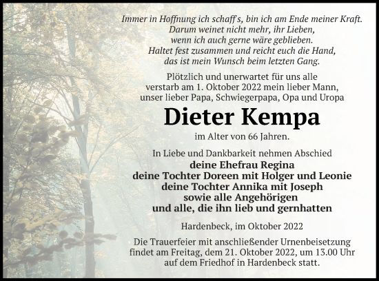 Traueranzeige von Dieter Kempa von Templiner Zeitung