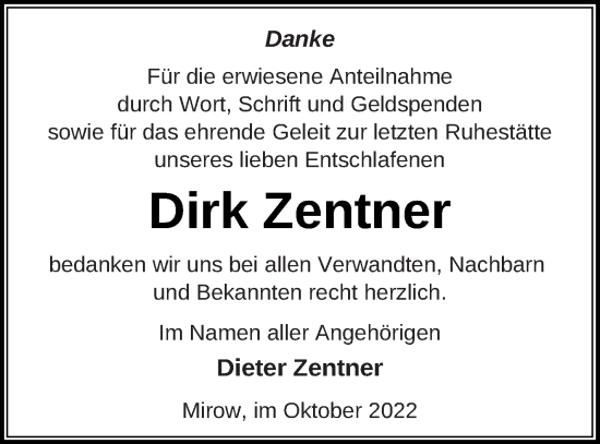 Traueranzeige von Dirk Zentner von Strelitzer Zeitung