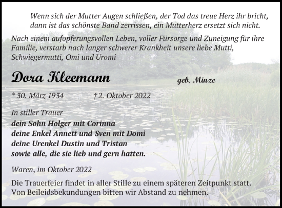 Traueranzeige von Dora Kleemann von Müritz-Zeitung