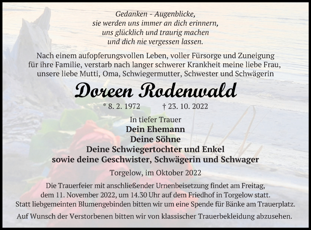  Traueranzeige für Doreen Rodenwald vom 28.10.2022 aus Haff-Zeitung