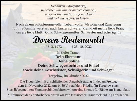 Traueranzeige von Doreen Rodenwald von Haff-Zeitung