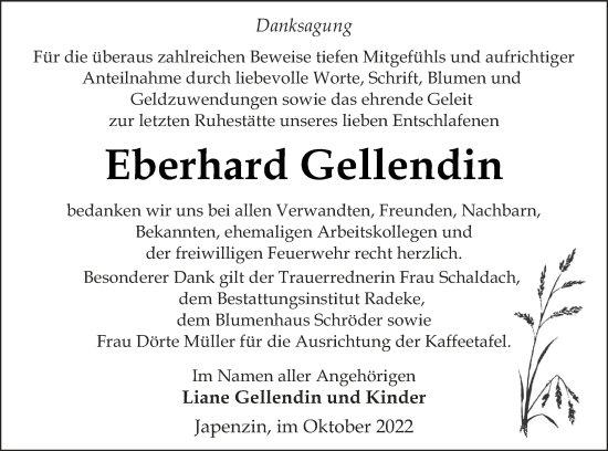 Traueranzeige von Eberhard Gellendin von Vorpommern Kurier