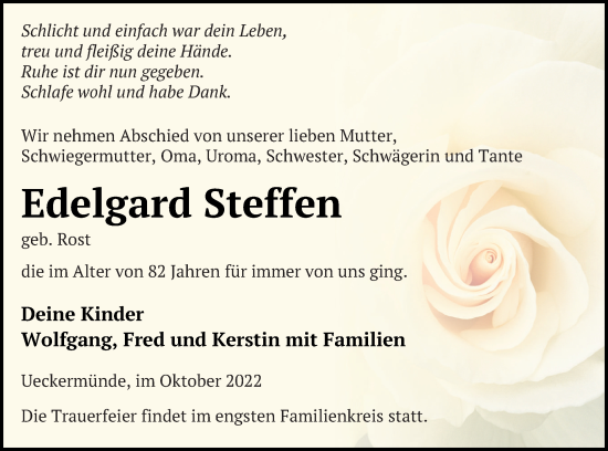 Traueranzeige von Edelgard Steffen von Haff-Zeitung