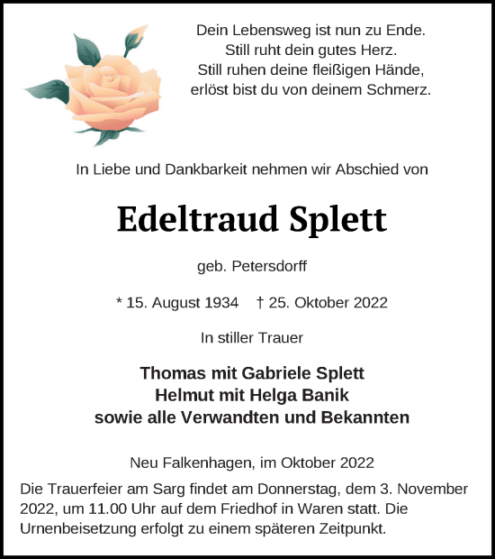 Traueranzeige von Edeltraud Splett von Müritz-Zeitung