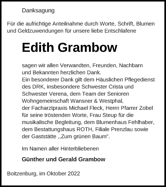 Traueranzeige von Edith Grambow von Templiner Zeitung