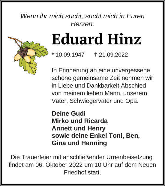 Traueranzeige von Eduard Hinz von Neubrandenburger Zeitung