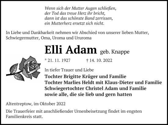 Traueranzeige von Elli Adam von Neubrandenburger Zeitung