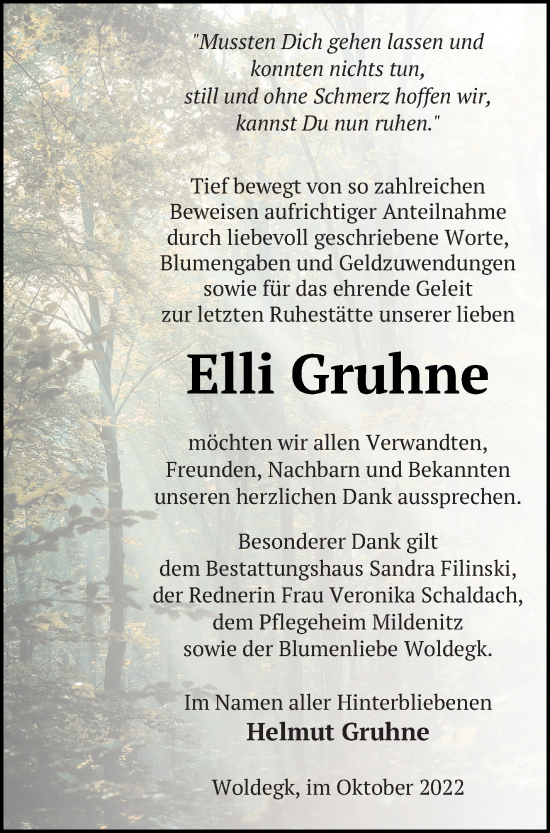 Traueranzeige von Elli Gruhne von Strelitzer Zeitung