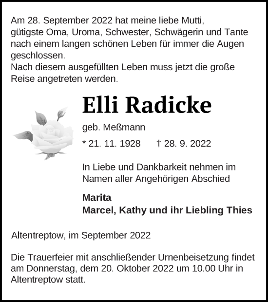 Traueranzeige von Elli Radicke von Neubrandenburger Zeitung