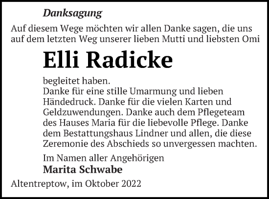 Traueranzeige von Elli Radicke von Neubrandenburger Zeitung