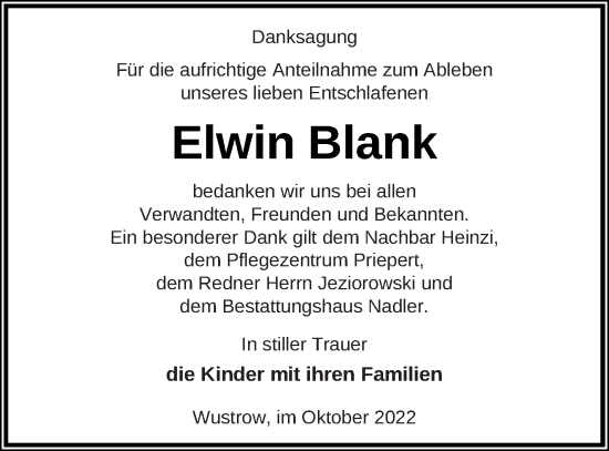 Traueranzeige von Elwin Blank von Strelitzer Zeitung