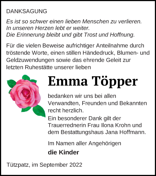 Traueranzeige von Emma Töpper von Neubrandenburger Zeitung