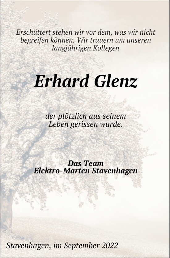 Traueranzeige von Erhard Glenz von Mecklenburger Schweiz