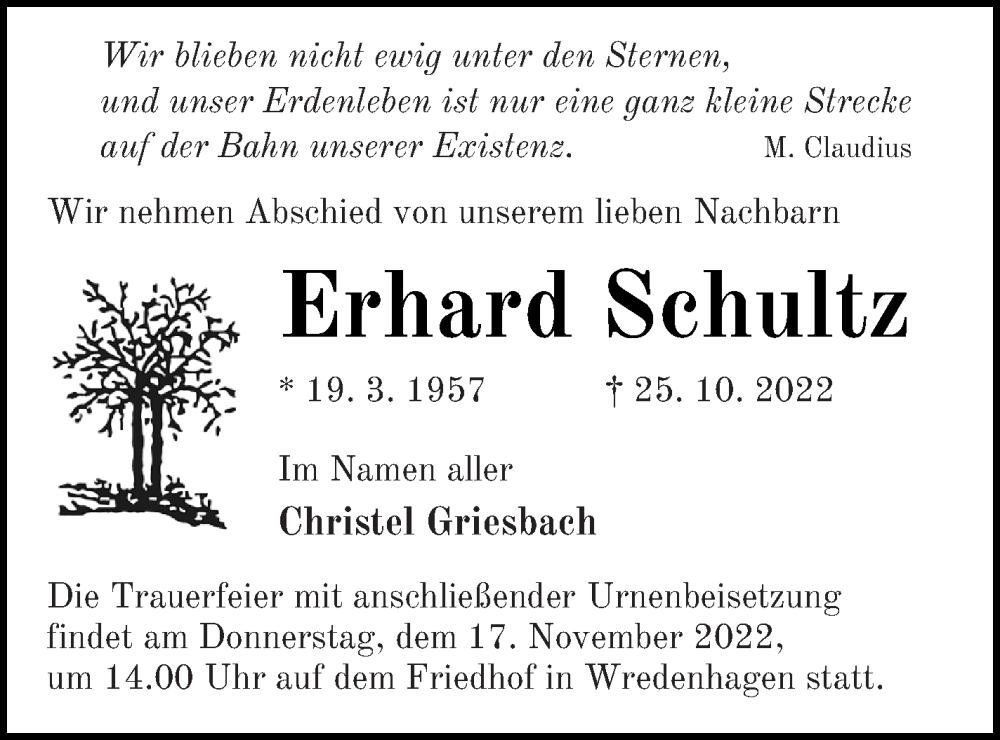  Traueranzeige für Erhard Schultz vom 29.10.2022 aus Müritz-Zeitung