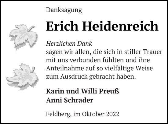 Traueranzeige von Erich Heidenreich von Strelitzer Zeitung