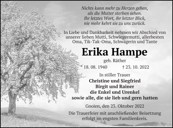 Traueranzeige von Erika Hampe von Mecklenburger Schweiz