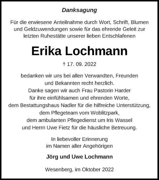 Traueranzeige von Erika Lochmann von Strelitzer Zeitung