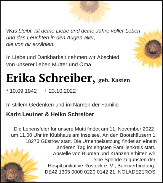 Traueranzeige von Erika Schreiber von Pasewalker Zeitung