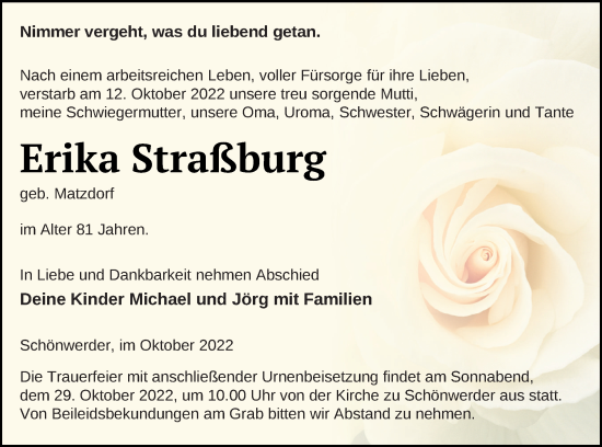 Traueranzeige von Erika Straßburg von Prenzlauer Zeitung