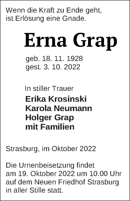 Traueranzeige von Erna Grap von Pasewalker Zeitung