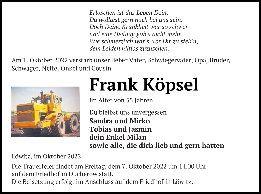  Traueranzeige für Frank Köpsel vom 05.10.2022 aus Vorpommern Kurier