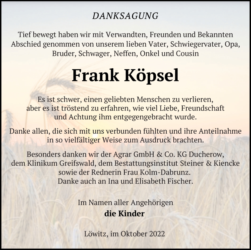  Traueranzeige für Frank Köpsel vom 22.10.2022 aus Vorpommern Kurier