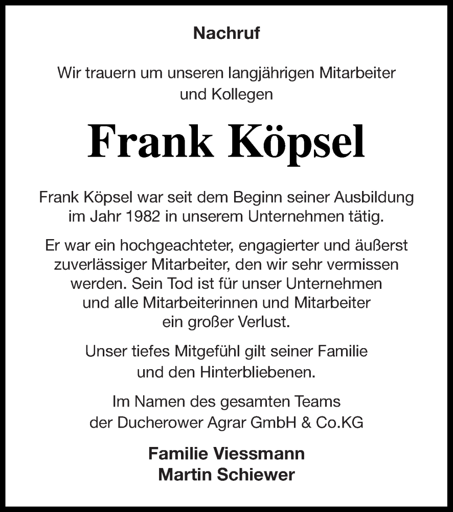  Traueranzeige für Frank Köpsel vom 15.10.2022 aus Vorpommern Kurier