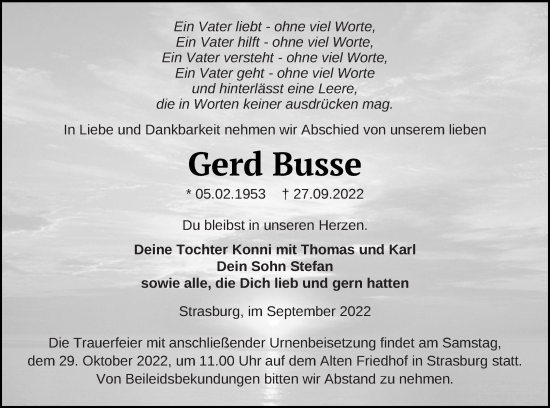 Traueranzeige von Gerd Busse von Pasewalker Zeitung