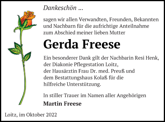 Traueranzeige von Gerda Freese von Vorpommern Kurier