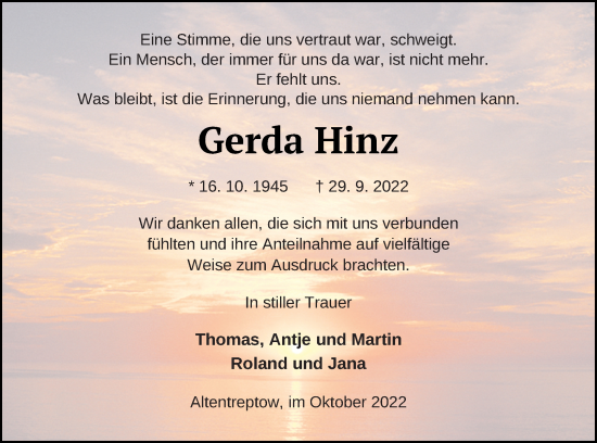 Traueranzeige von Gerda Hinz von Neubrandenburger Zeitung