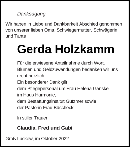 Traueranzeige von Gerda Holzkamm von Pasewalker Zeitung