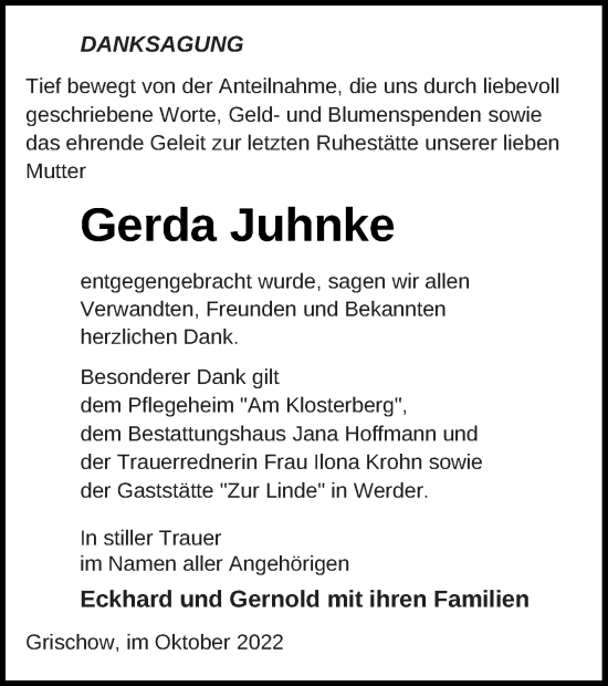 Traueranzeige von Gerda Juhnke von Neubrandenburger Zeitung