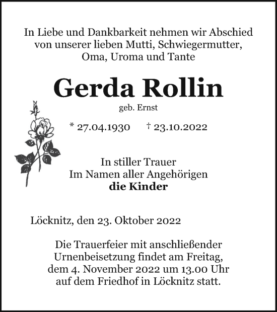 Traueranzeige von Gerda Rollin von Pasewalker Zeitung