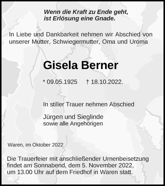 Traueranzeige von Gisela Berner von Müritz-Zeitung