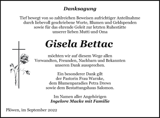 Traueranzeige von Gisela Bettac von Pasewalker Zeitung