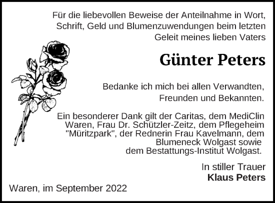 Traueranzeige von Günter Peters von Müritz-Zeitung