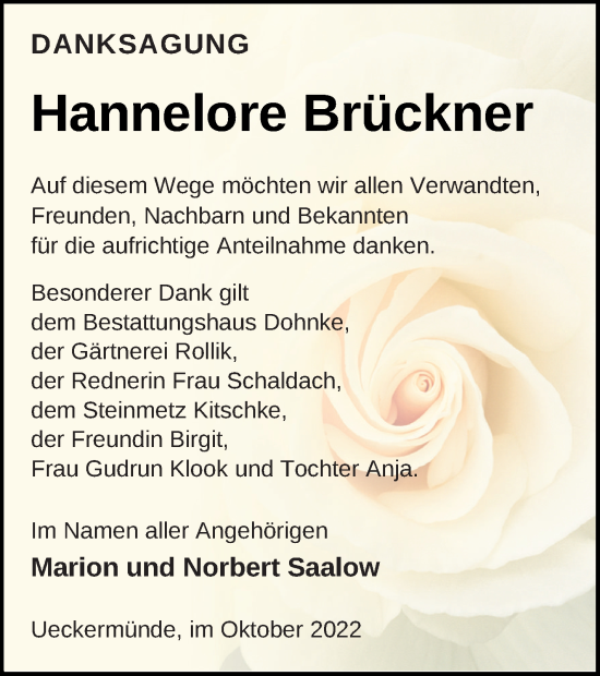Traueranzeige von Hannelore Brückner von Haff-Zeitung