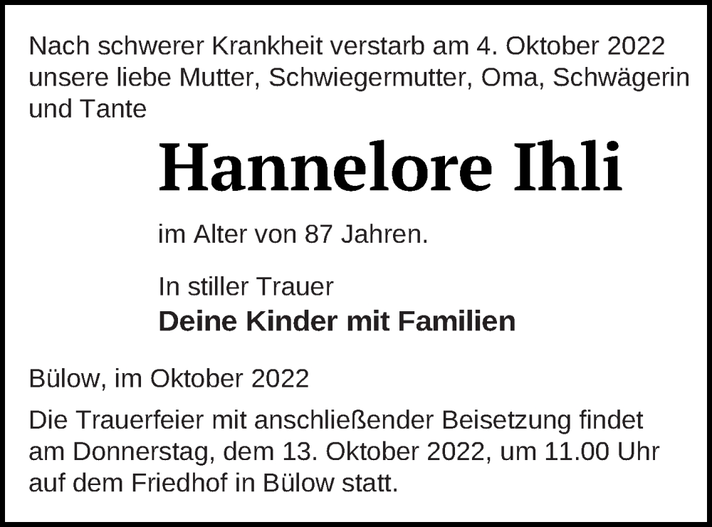  Traueranzeige für Hannelore Ihli vom 08.10.2022 aus Mecklenburger Schweiz