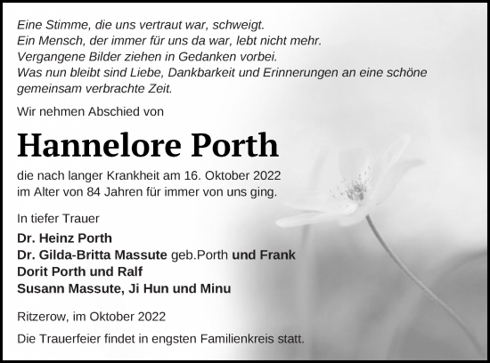 Traueranzeige von Hannelore Porth von Mecklenburger Schweiz