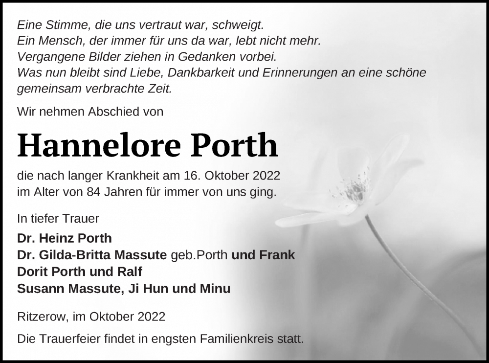  Traueranzeige für Hannelore Porth vom 26.10.2022 aus Mecklenburger Schweiz