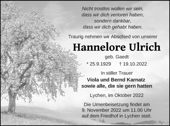 Traueranzeige von Hannelore Ulrich von Templiner Zeitung