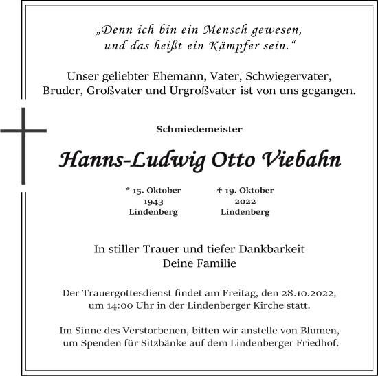 Traueranzeige von Hanns-Ludwig Otto Viebahn von Nordkurier Gesamtausgabe