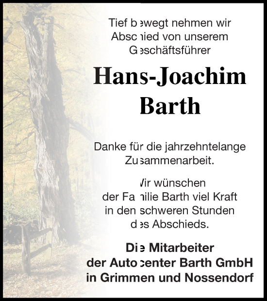 Traueranzeige von Hans-Joachim Barth von Demminer Zeitung