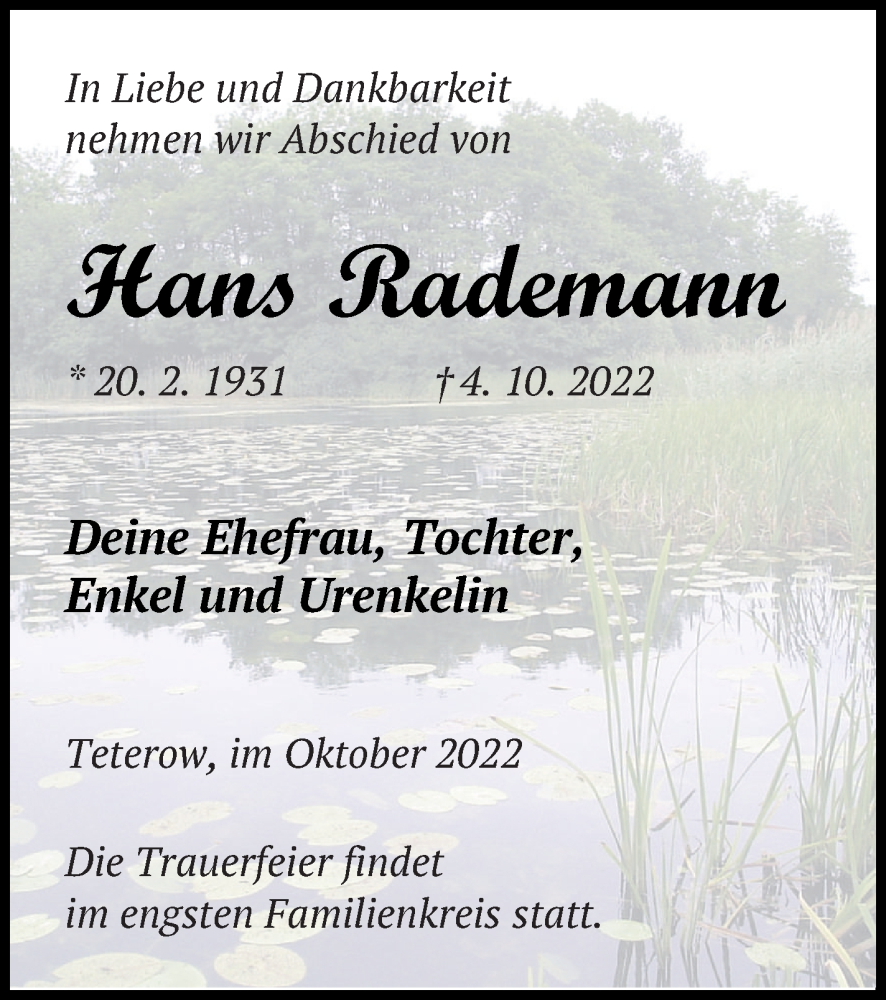  Traueranzeige für Hans Rademann vom 21.10.2022 aus Mecklenburger Schweiz