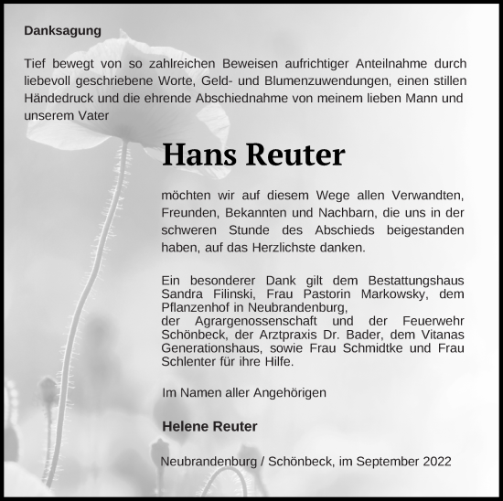 Traueranzeige von Hans Reuter von Strelitzer Zeitung