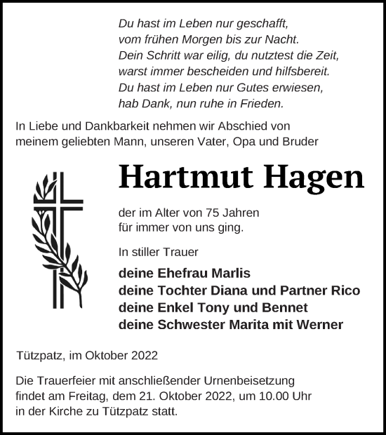 Traueranzeige von Hartmut Hagen von Neubrandenburger Zeitung