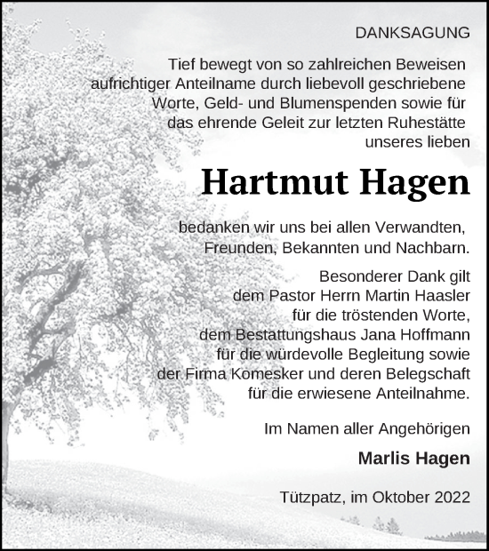 Traueranzeige von Hartmut Hagen von Neubrandenburger Zeitung