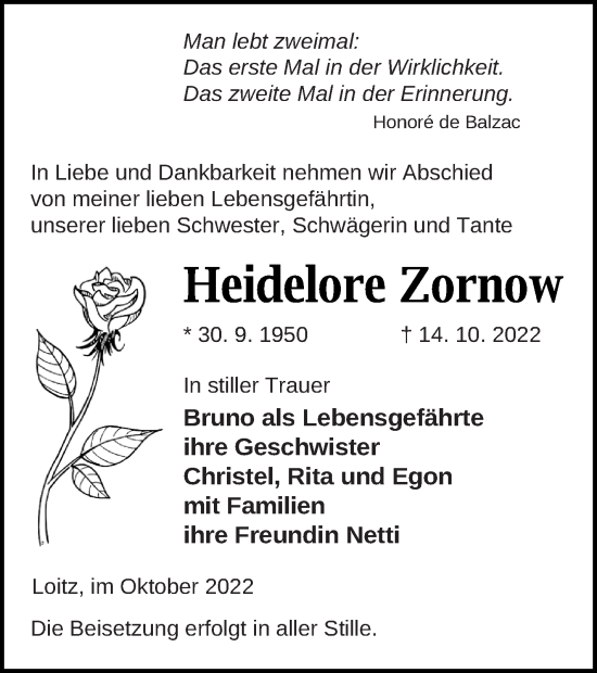 Traueranzeige von Heidelore Zornow von Vorpommern Kurier