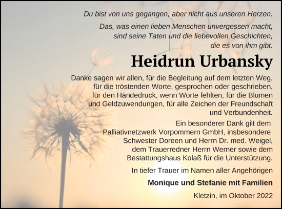 Traueranzeige von Heidrun Urbansky von Demminer Zeitung