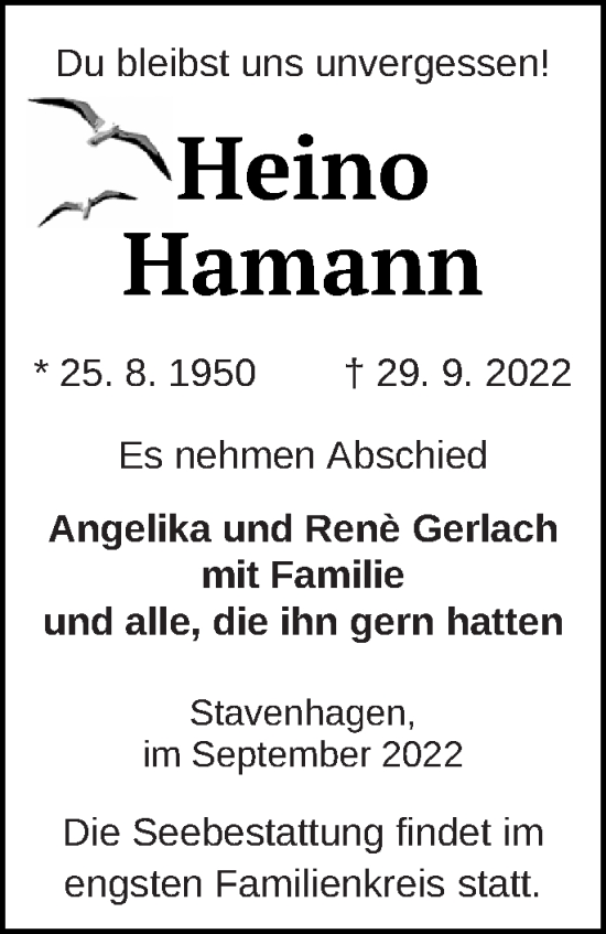 Traueranzeige von Heino Hamann von Mecklenburger Schweiz